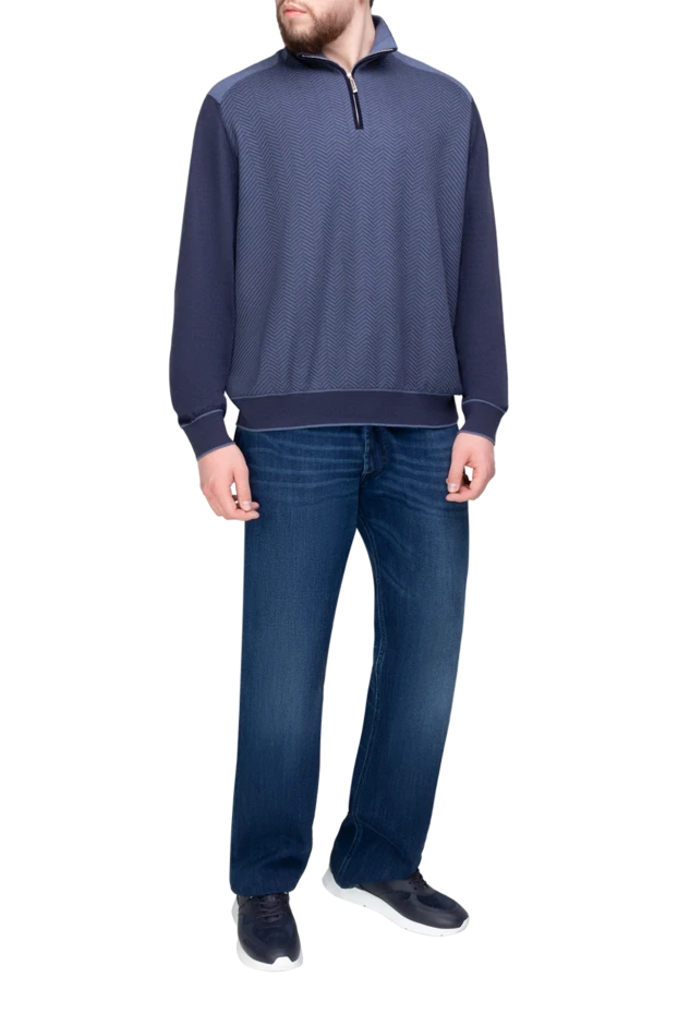 Stefano Ricci тройер из кашемира и шелка мужской синий узором елочка 175669 - фото 2