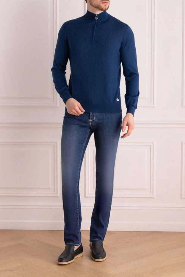 Текстуралы өрнегі бар биязы жүннен тоқылған ерлер көгілдір тройер - фото 2