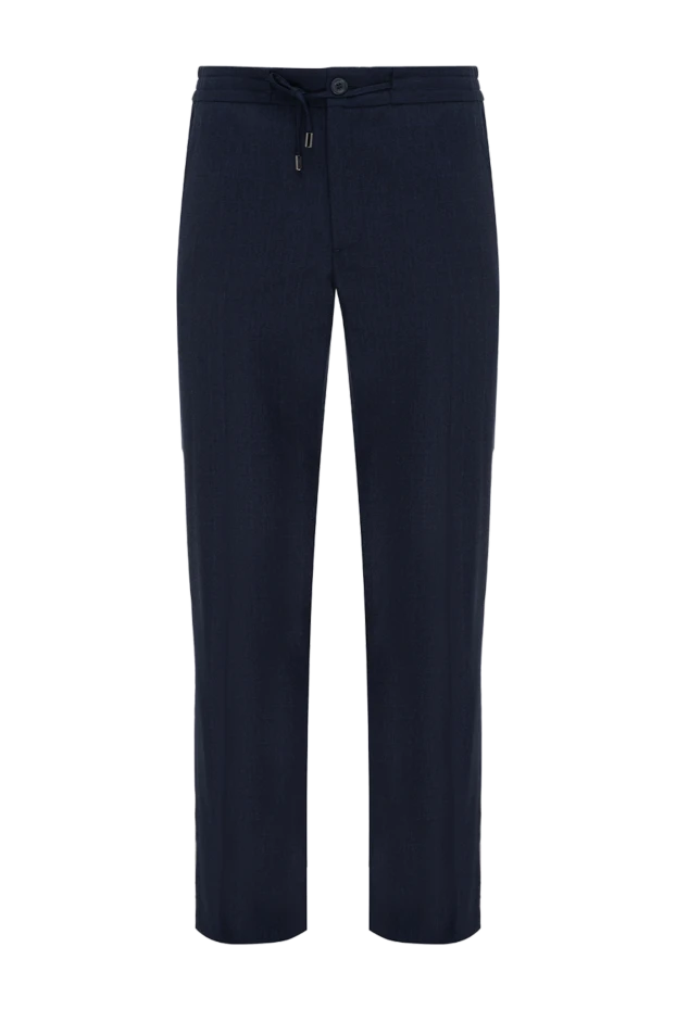 Мужские шерстяные брюки с кулиской и пуговицей синего цвета - фото 1