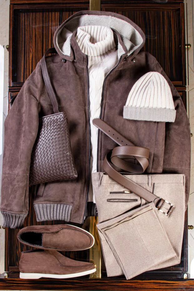 Кожаный ремень мужской с зернистой отделкой бежево-коричневый - фото 2