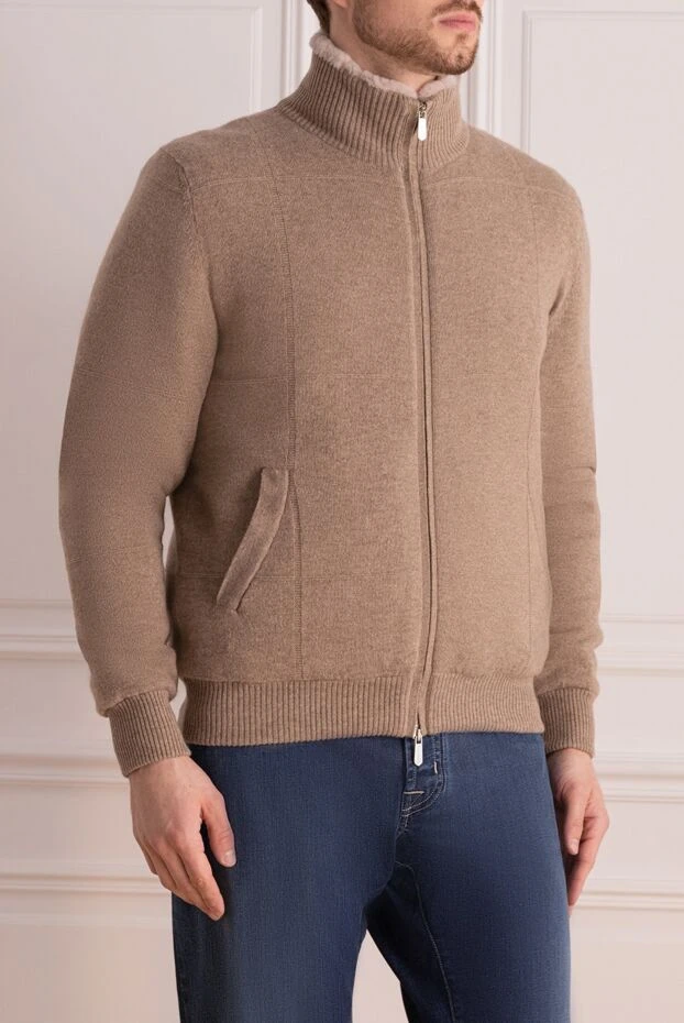 Svevo тері бар бежевый кашемирден жасалған ерлер кардиганы 176195 - фото 3