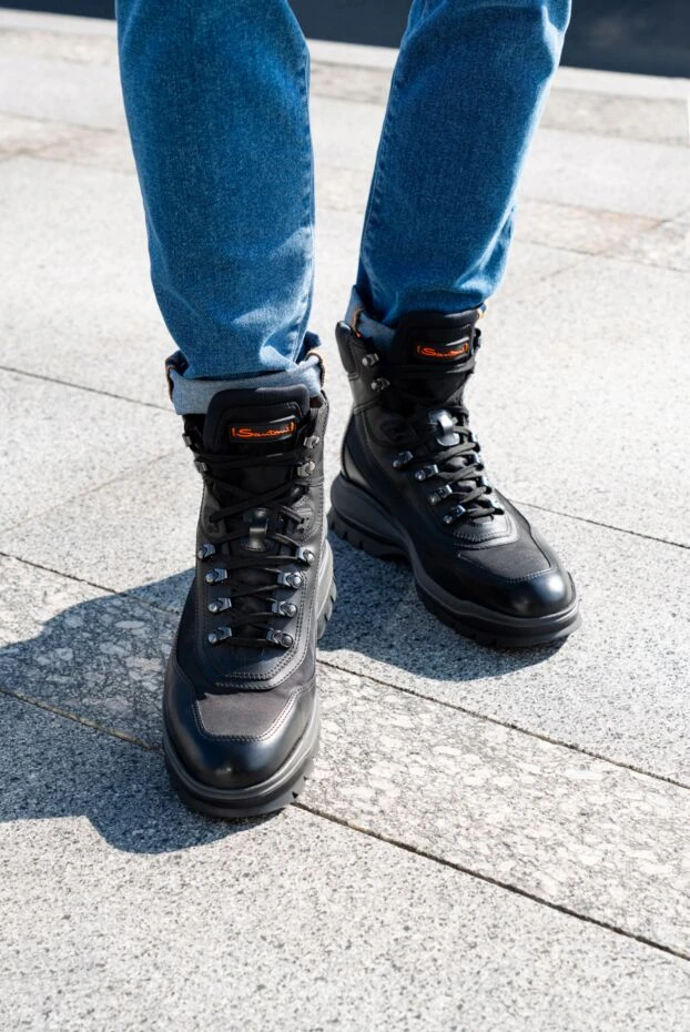 Santoni ботинки из натуральной кожи и полиэстера мужские черные 176241 - фото 3