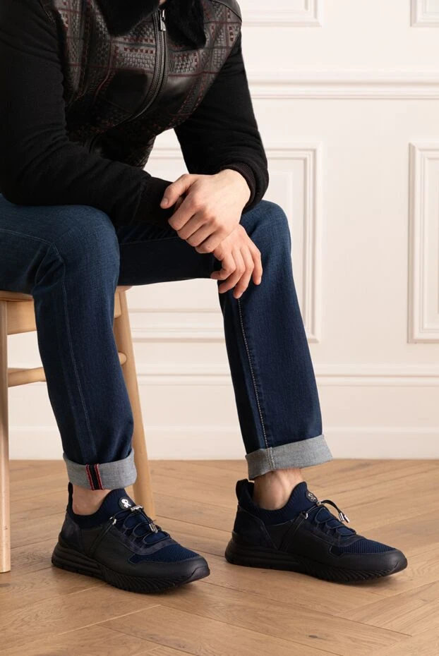 Stefano Ricci кроссовки из кожи и полиэстера мужские синие 176542 - фото 2