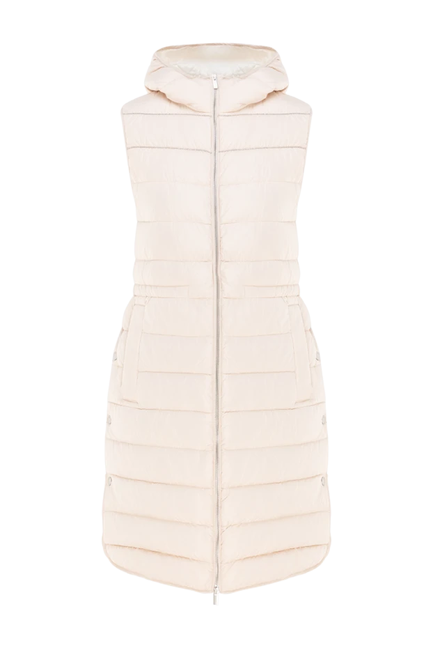 Women's quilted elongated vest with a zipper, hood and side buttons, beige - photo 1