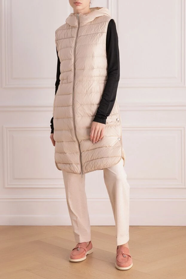 Women's quilted elongated vest with a zipper, hood and side buttons, beige - photo 2
