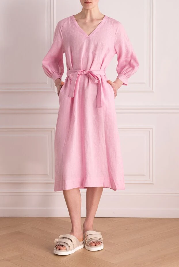 Peserico платье льняное свободного кроя с поясом и глубоким вырезом розовое 176626 - фото 2