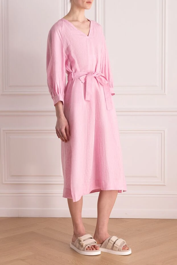Peserico платье льняное свободного кроя с поясом и глубоким вырезом розовое 176626 - фото 3