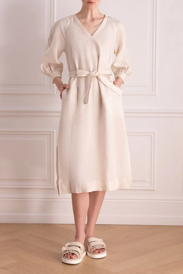 Peserico льняное платье светлого тона с поясом и боковыми разрезами
 176627 - фото 2