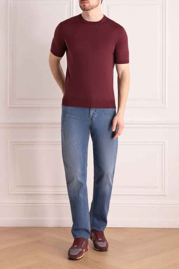 Cesare di Napoli man short sleeve silk jumper for men, burgundy купить с ценами и фото 176937 - photo 2