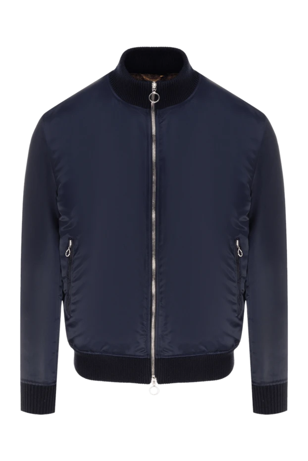 Мужская синяя куртка из нейлона и кожи с мехом - фото 1