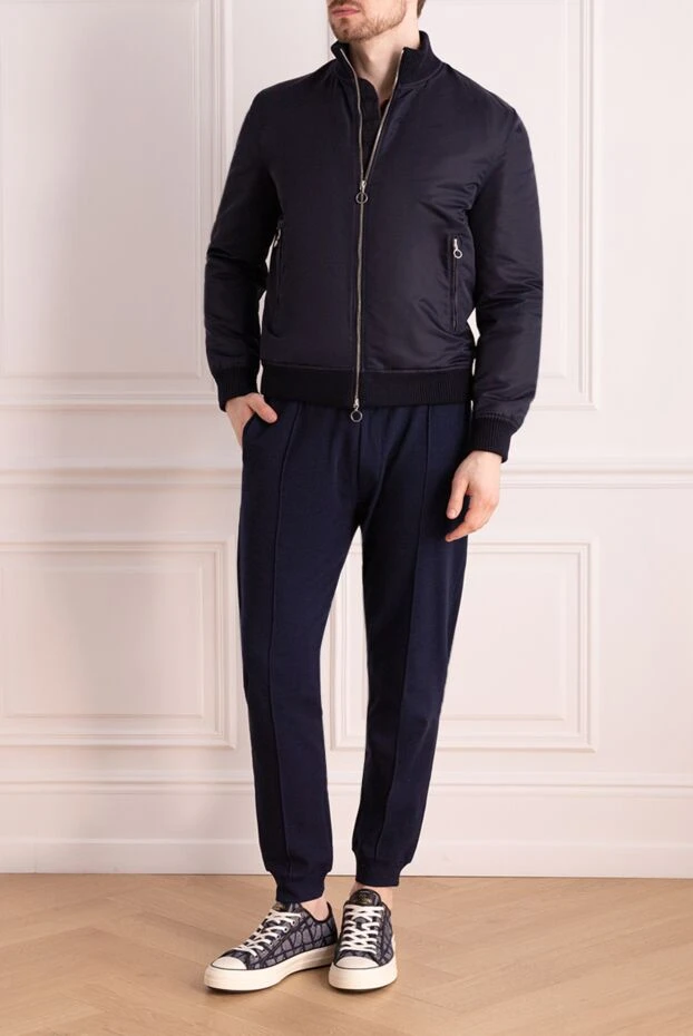 Мужская синяя куртка из нейлона и кожи с мехом - фото 2