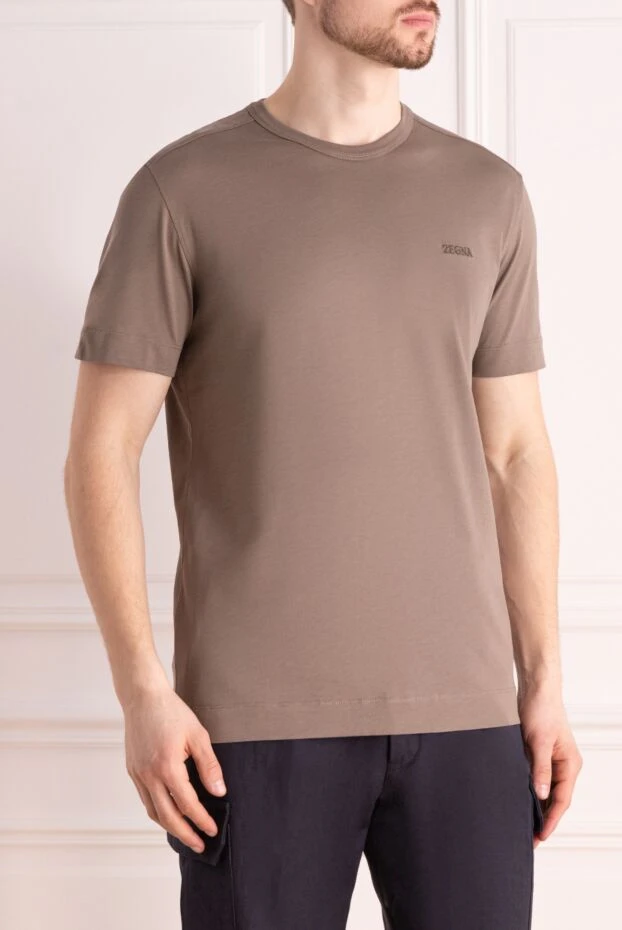 Ermenegildo Zegna мужская футболка хлопковая нейтрального оттенка с аккуратным логотипом 177338 - фото 3