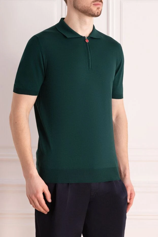 Kiton тёмно-зелёное мужское поло из хлопка с застёжкой-молнией и красным бегунком 177724 - фото 3