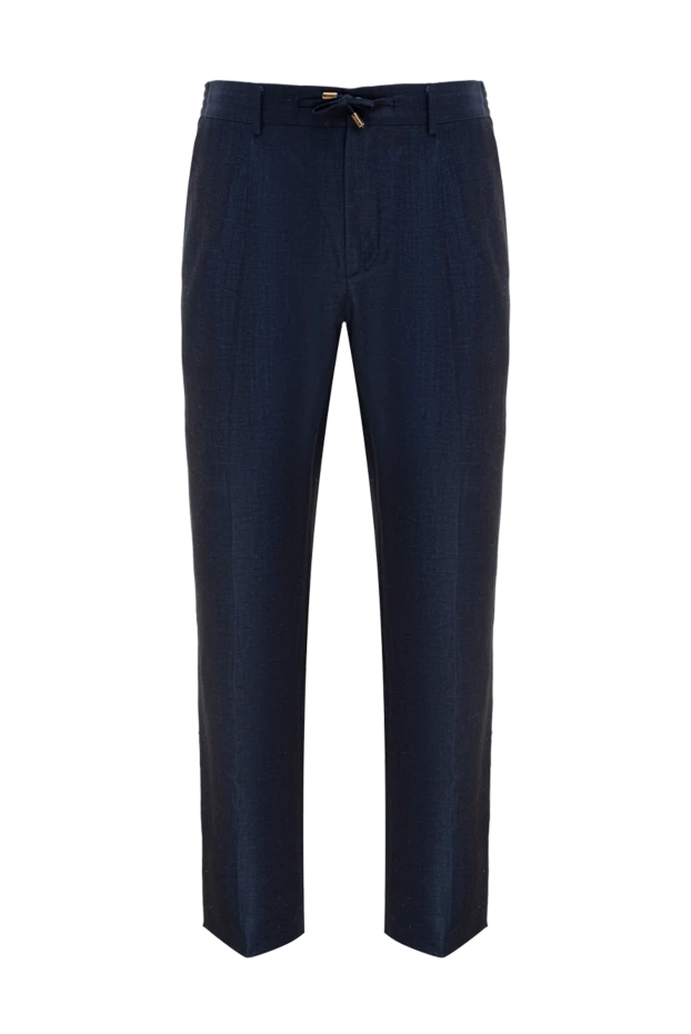 Брюки синие мужские из шерсти и льна - фото 1