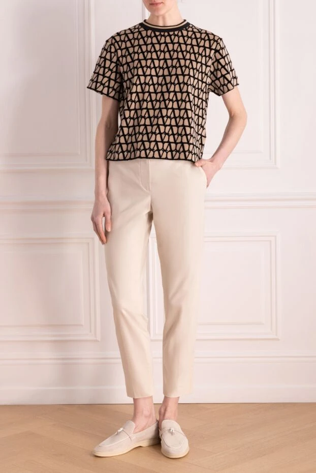 Брюки из хлопка и эластана женские бежевые - фото 2