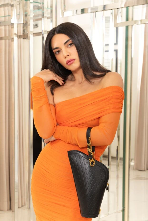 Balmain қара былғарыдан жасалған конус тәрізді әйелдер сөмкесі геометриялық гауһар тасты көрпе 178088 - фото 2