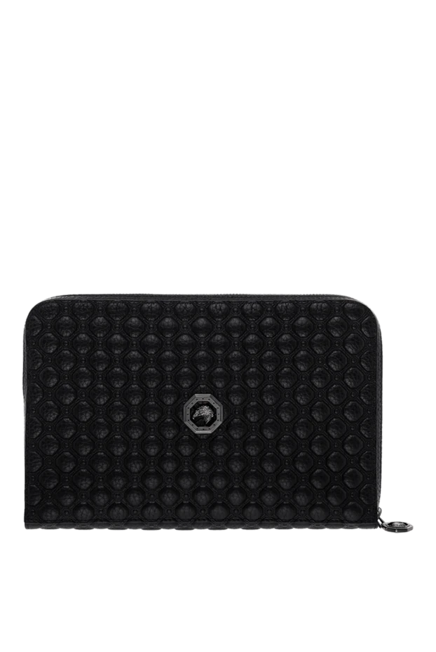 Алдыңғы жағында көлемді бедерлі және логотипі бар қара былғары ілінісу - фото 1