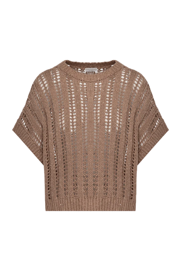 Джемпер коричневый вязаный ажурный без рукавов - фото 1