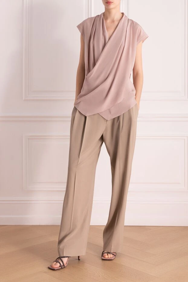 Brunello Cucinelli брюки из вискозы и шерсти женские бежевые 178273 - фото 2