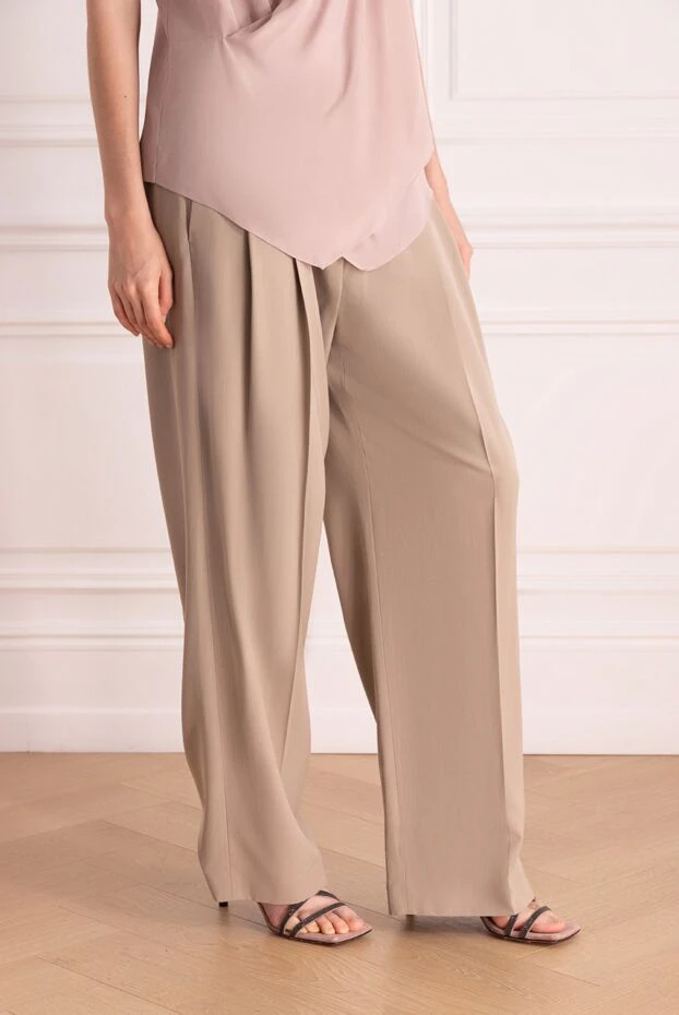 Brunello Cucinelli брюки из вискозы и шерсти женские бежевые 178273 - фото 3