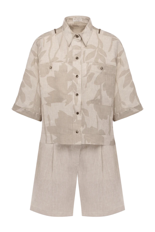 Костюм шорты и льняная рубашка с цветочным принтом бежевые - фото 1