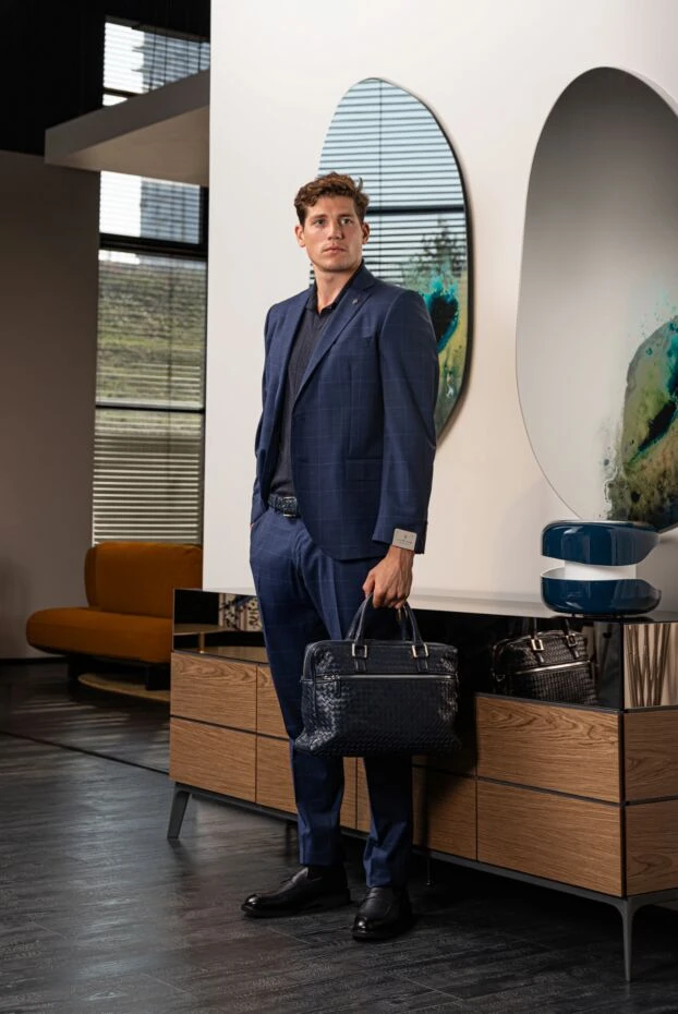 Barba Napoli трикотажное поло мужское синее с v-образным вырезом в рубчик без застежки 178453 - фото 2