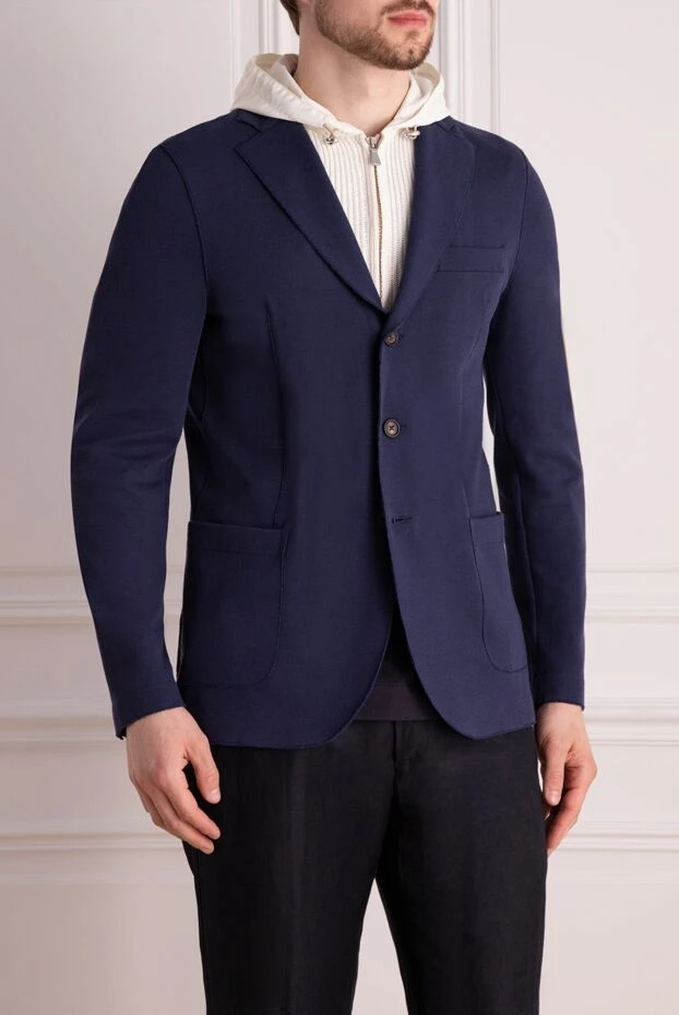 Eleventy пиджак мужской синий на трёх пуговицах с капюшоном из ткани контрастного цвета 178461 - фото 3