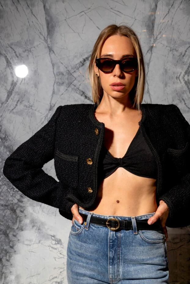 Жакет женский чёрный твидовый на пуговицах с круглым вырезом - фото 2