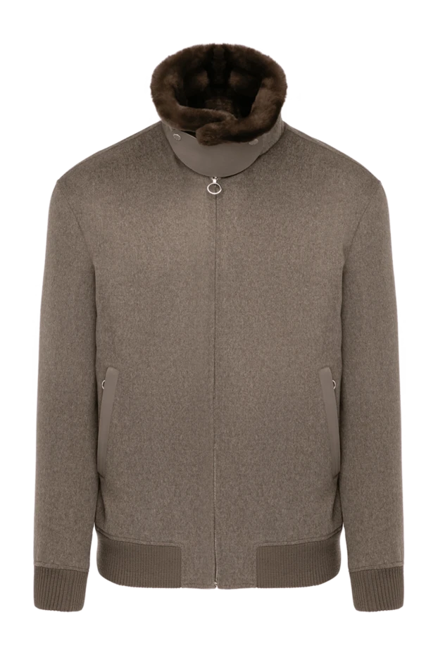 Тері мен былғары бөлшектері бар ерлер қоңыр түсті кашемир күртешесі - фото 1