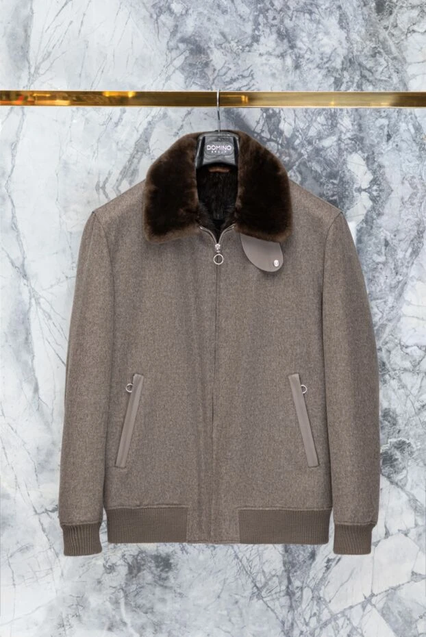 Тері мен былғары бөлшектері бар ерлер қоңыр түсті кашемир күртешесі - фото 2