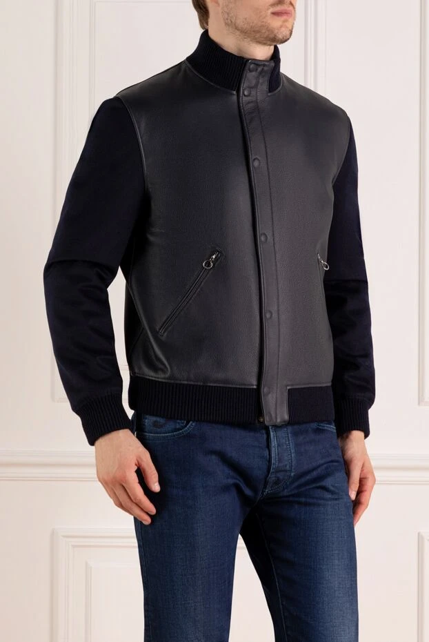 Seraphin куртка мужская синяя из натуральной кожи и кашемира 179385 - фото 3