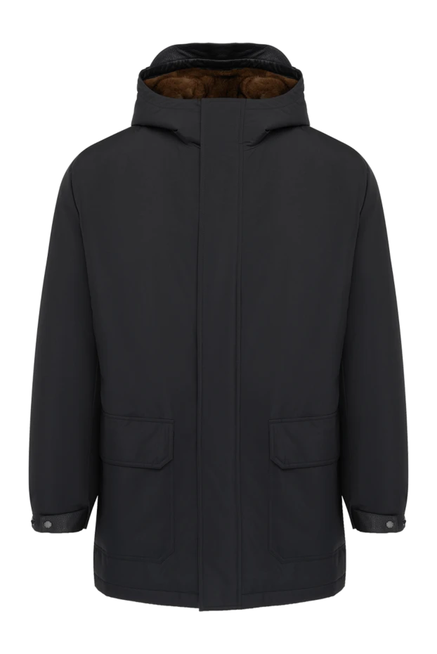 Мужская синяя парка с капюшоном из нейлона с меховой подкладкой - фото 1