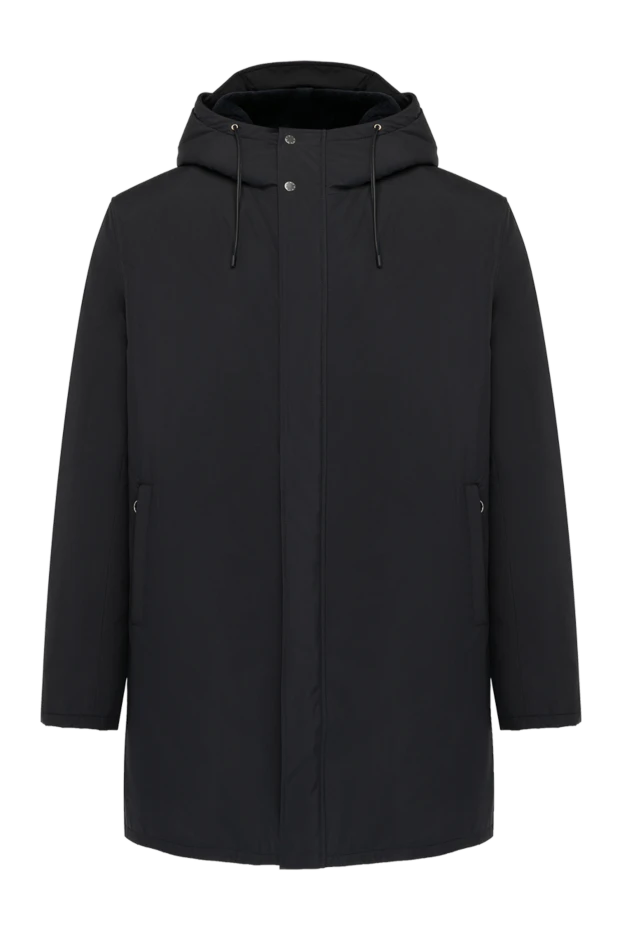 Men's dark blue long nylon jacket with natural fur - photo 1