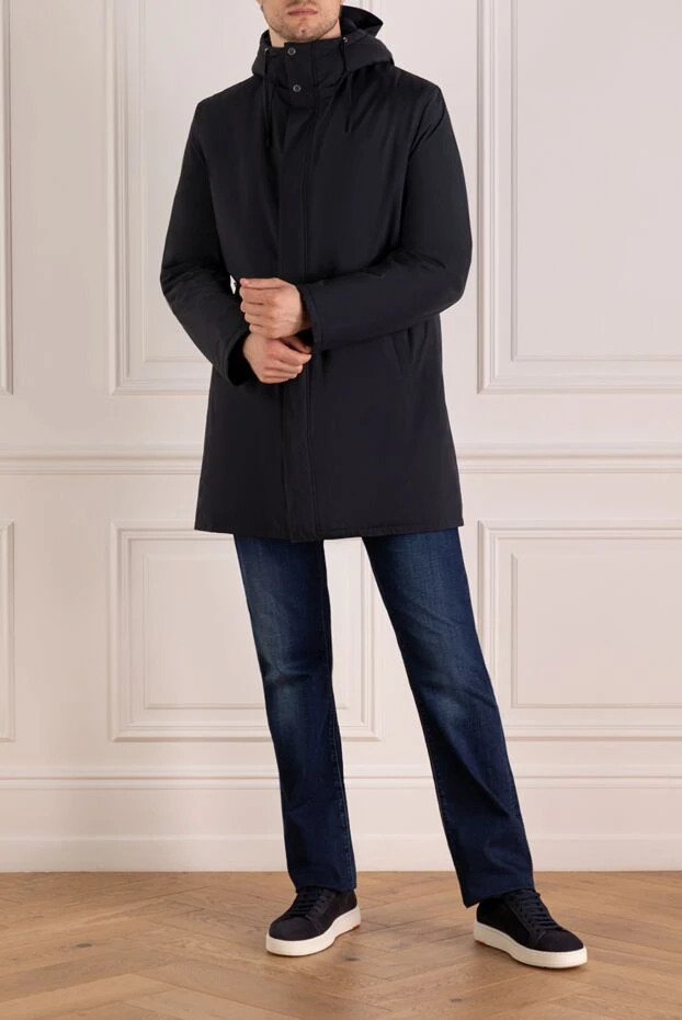 Men's dark blue long nylon jacket with natural fur - photo 2