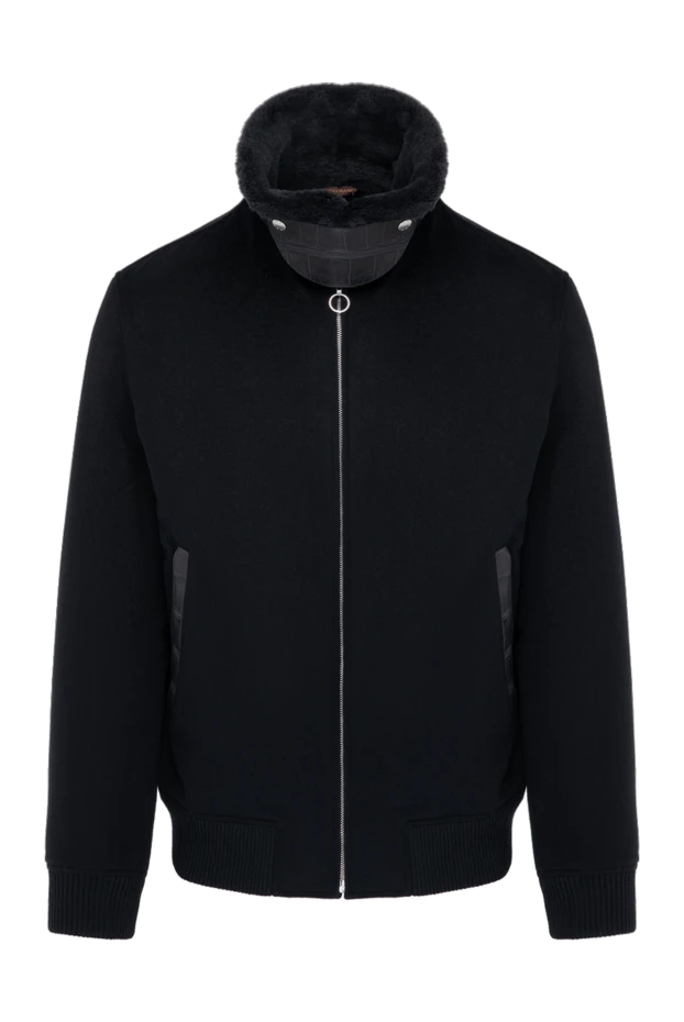 Синяя кашемировая куртка с натуральным мехом и акцентами из крокодиловой кожи мужская - фото 1