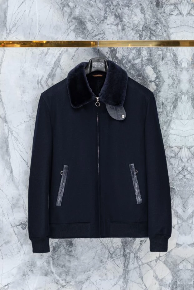 Синяя кашемировая куртка с натуральным мехом и акцентами из крокодиловой кожи мужская - фото 2