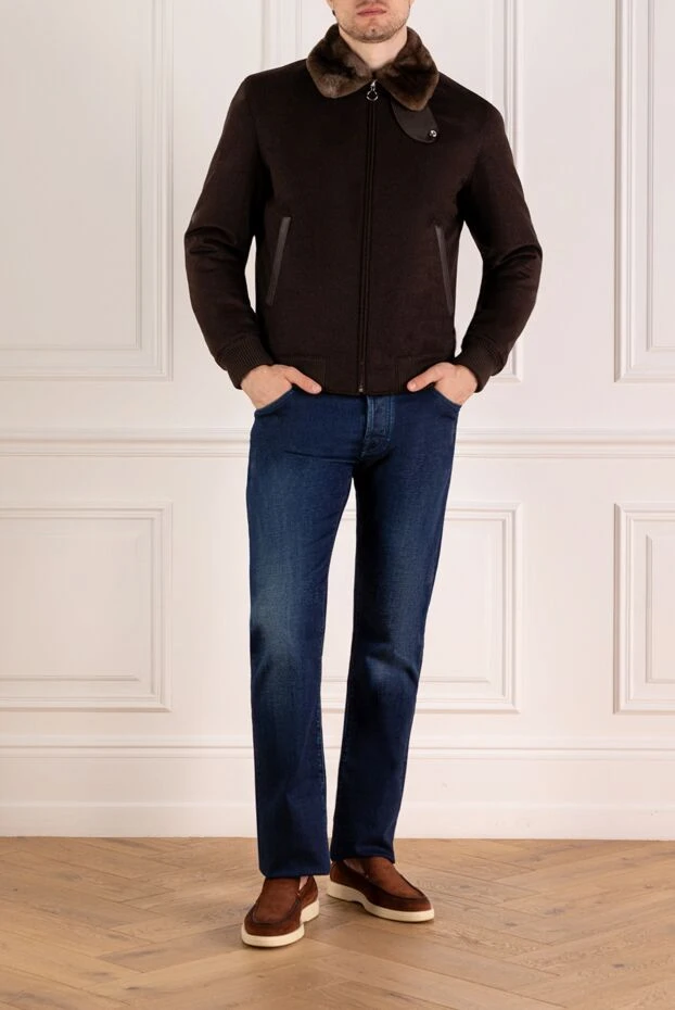 Men's brown cashmere jacket with genuine fur and crocodile skin accents - photo 2