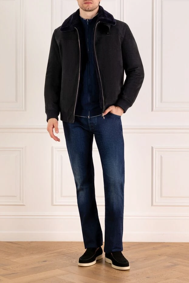 Тері астарлы ерлерге арналған күрте, көк, велюр - фото 2