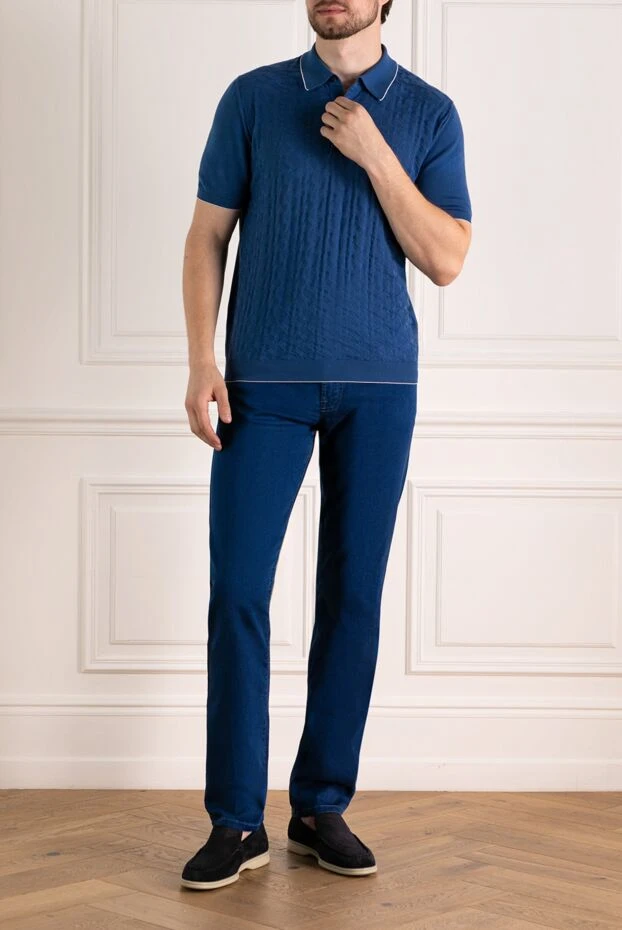 Svevo синее поло с объёмным плетением и классическим воротом
 179449 - фото 2