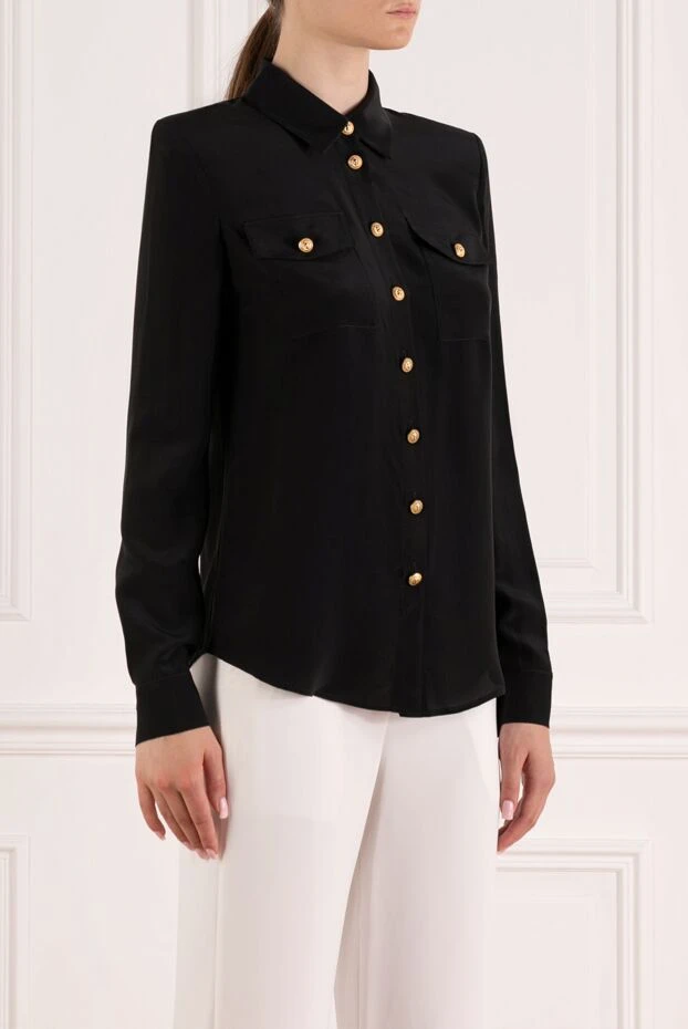 Balmain шелковая черная рубашка с длинным рукавом и золотыми пуговицами 179745 - фото 3