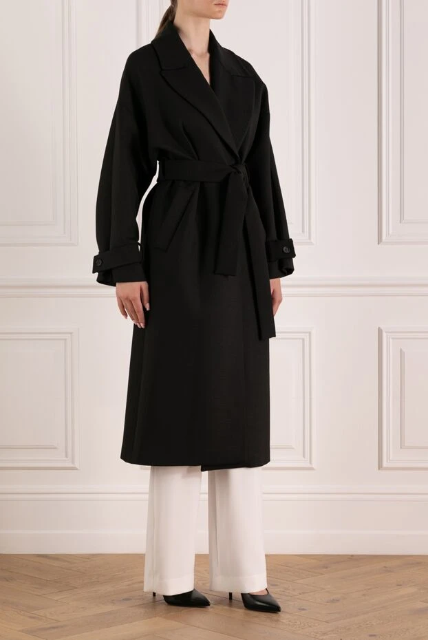 P.A.R.O.S.H. пальто женское демисезонное черное с поясом и отложным воротником 179806 - фото 3