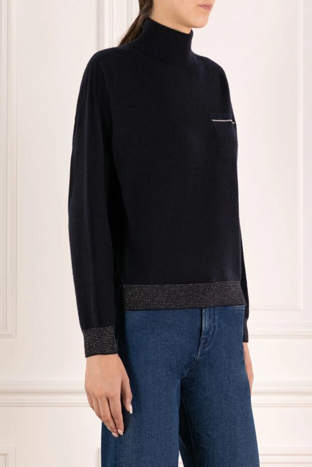 Peserico женский синий джемпер из кашемира с декоративной отделкой по низу
 179911 - фото 3
