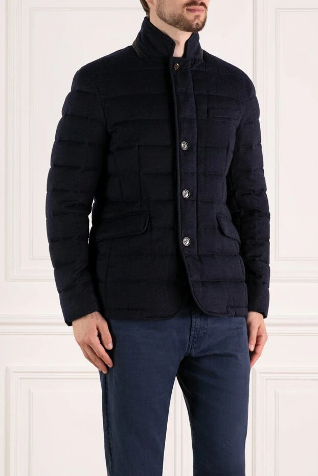 Moorer мужской стёганый кашемировый пуховик в синем цвете на пуговицах 180048 - фото 3