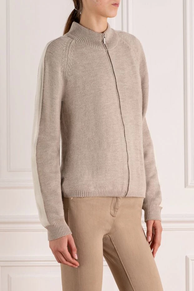 Moorer beige wool cardigan with a zipper and a contrast stripe on the front 180135 - photo 3