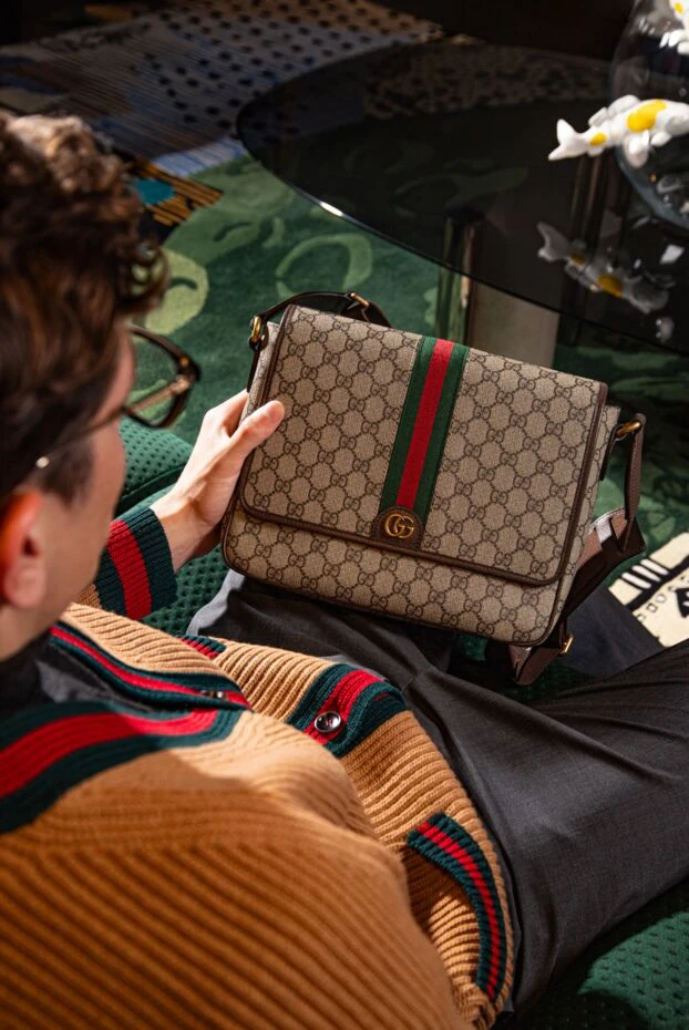 Gucci сумка через плечо бежевая мужская с логотипом 180727 - фото 3