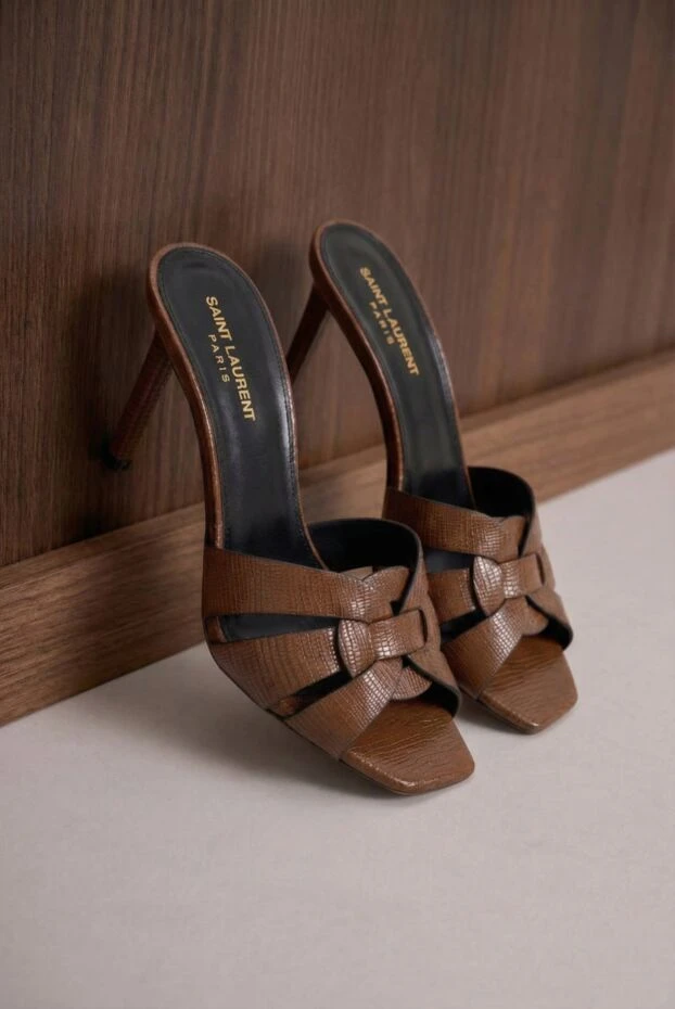 Saint Laurent босоножки коричневые на каблуке с плетёным ремешком из текстурной кожи
 180791 - фото 2