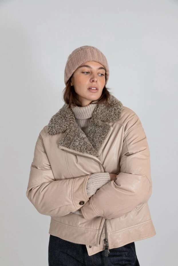 Brunello Cucinelli куртка кожаная на меху женская бежевая 181164 - фото 3
