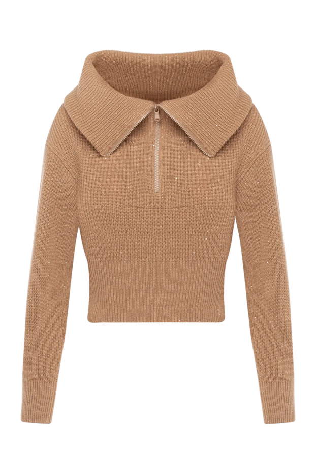 Вязаный джемпер на молнии с широким воротником коричневый женский - фото 1
