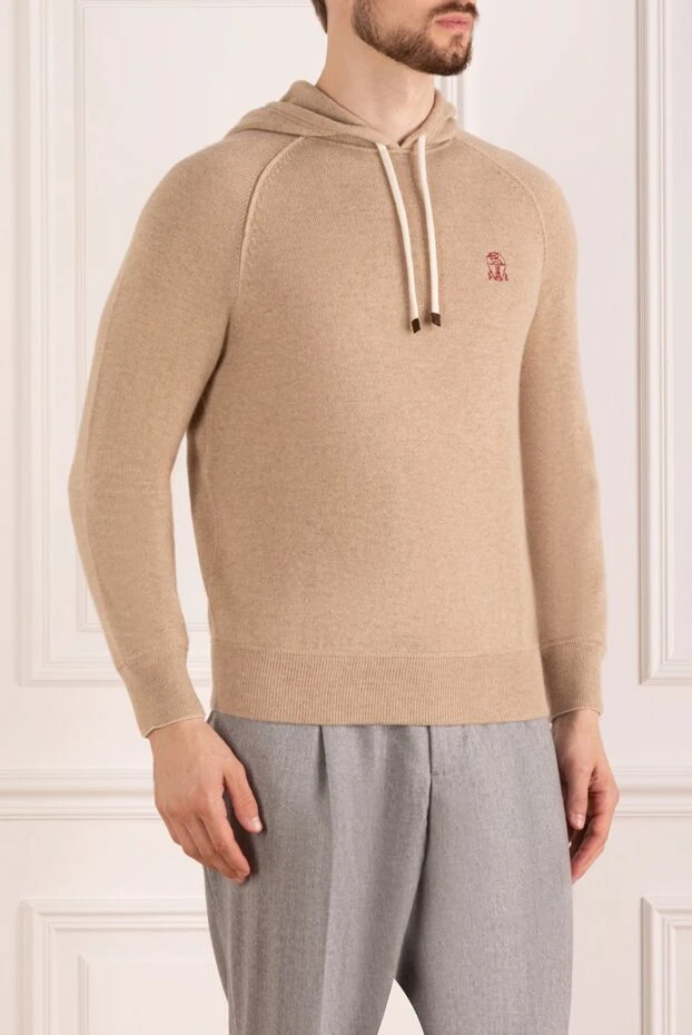 Brunello Cucinelli худи мужское бежевое кашемировое с логотипом 181203 - фото 3