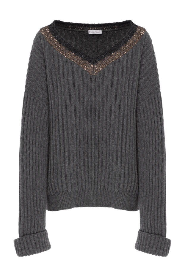 Кашемировый джемпер в рубчик серый женский с широким воротом - фото 1